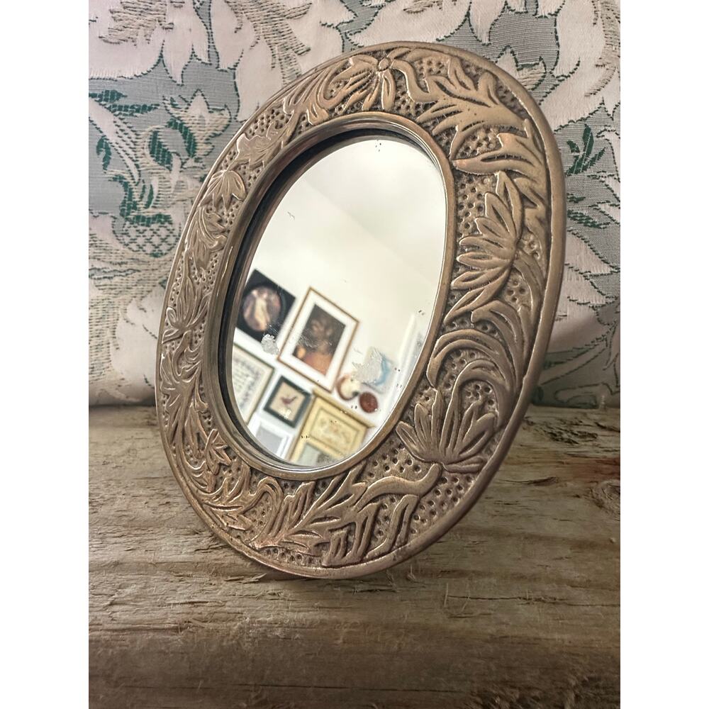 Vintage table mirror Crowning Touch Collection Framed Oval Gold brass easel 6”